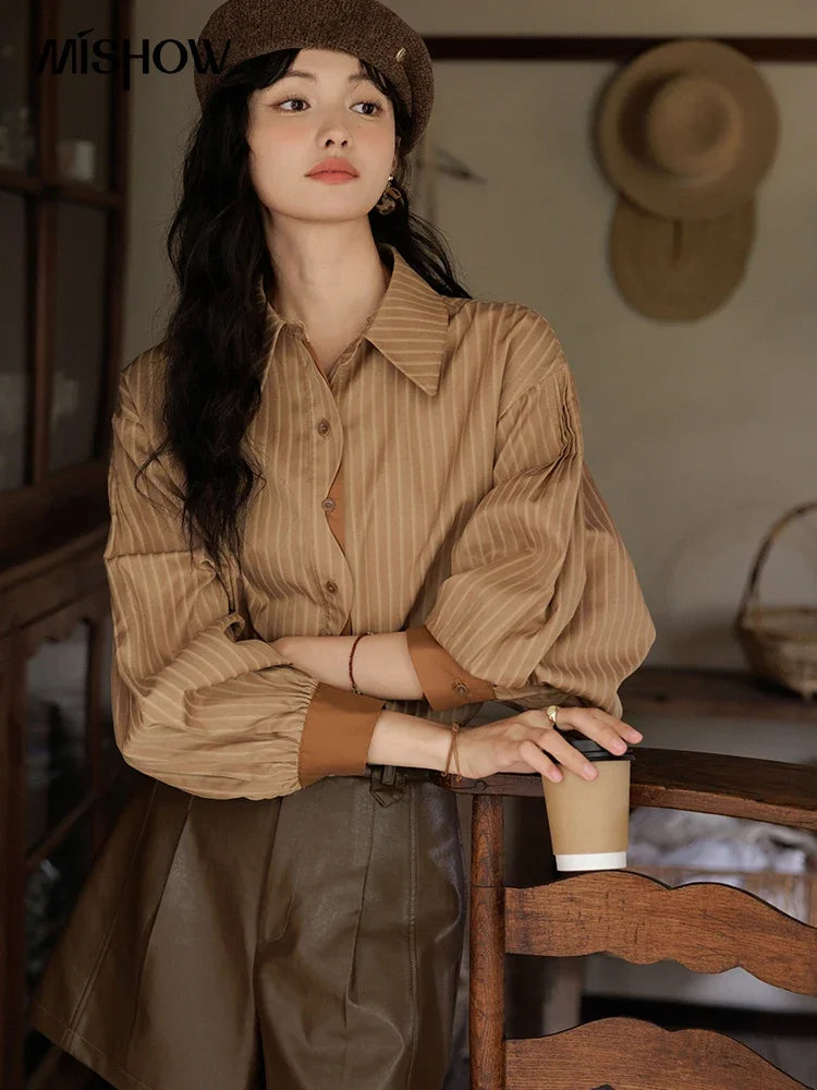 MISHOW Women's Striped Casual Shirt Retro Lapel Contrasting Cuffs MXD42C0301