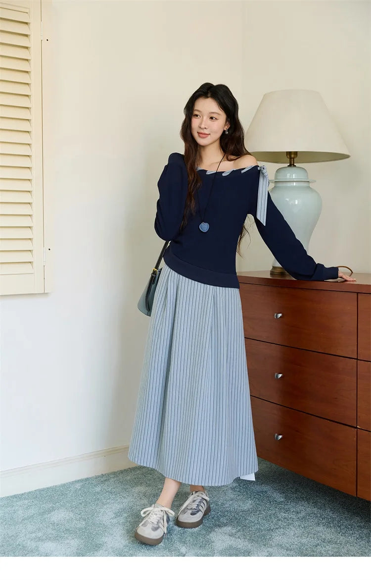 Mishow Blue Navy Slash Neck Contrast Lace Dress MXE45L2516