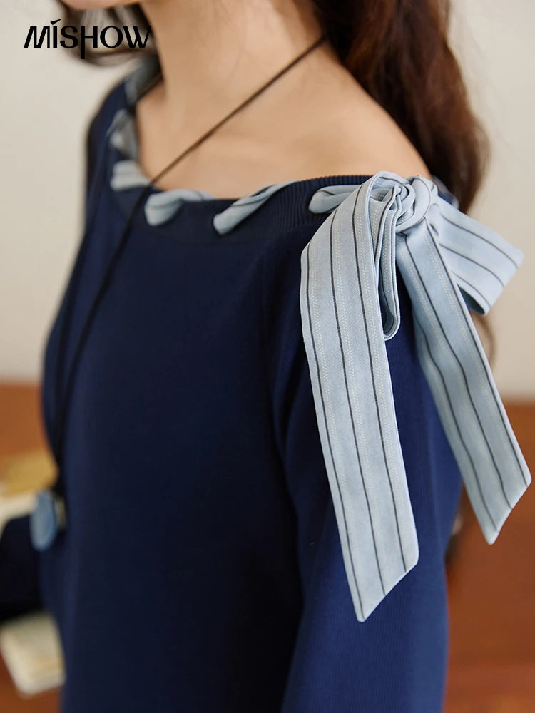 Mishow Blue Navy Slash Neck Contrast Lace Dress MXE45L2516