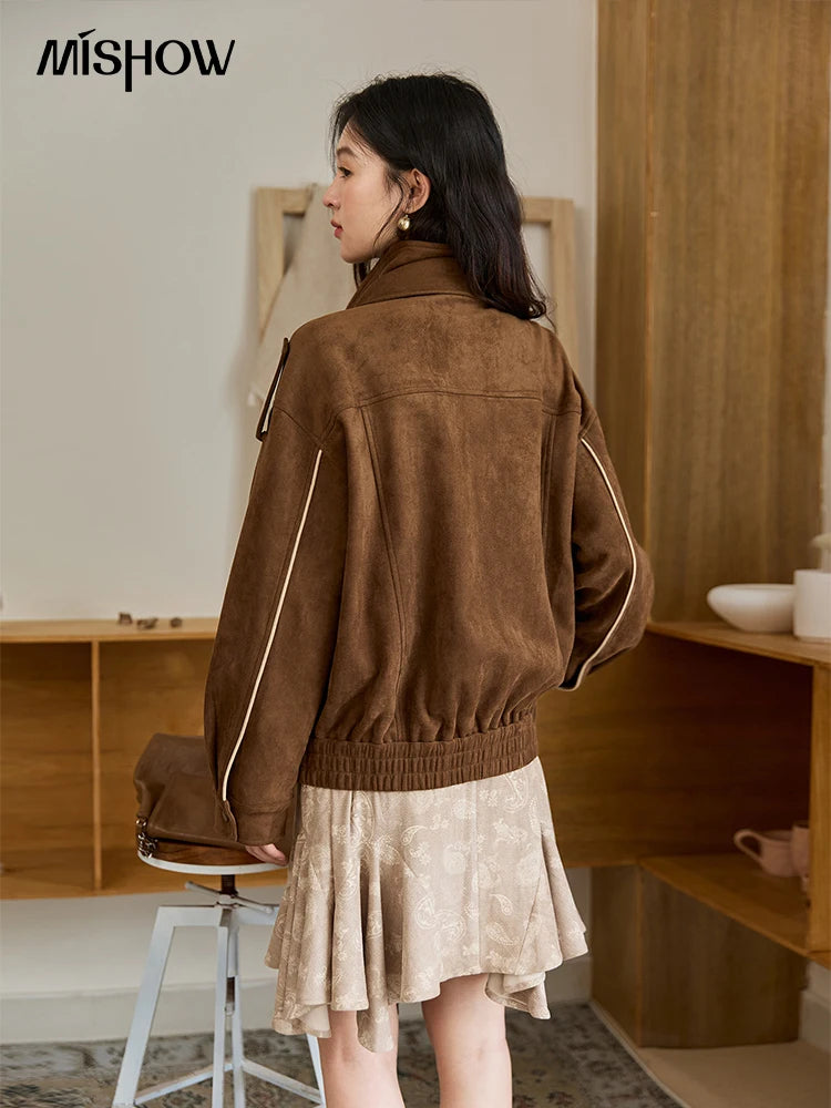 MISHOW Brown Suede Short Jacket Split Turn Down Collar MXE48W0850