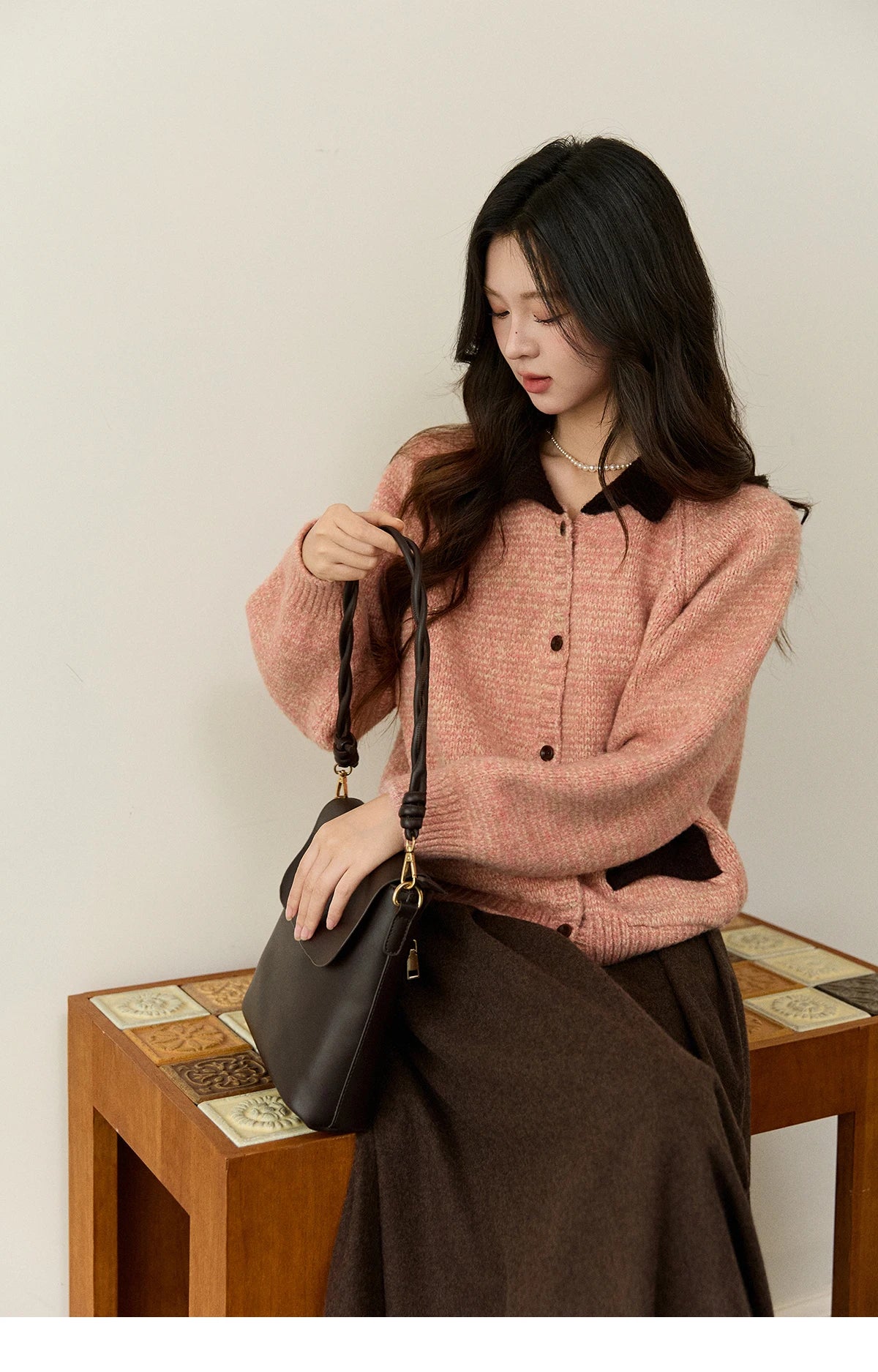 Mishow Pink Contrast Collar Bow Pocket Cardigan MXE94Z2957
