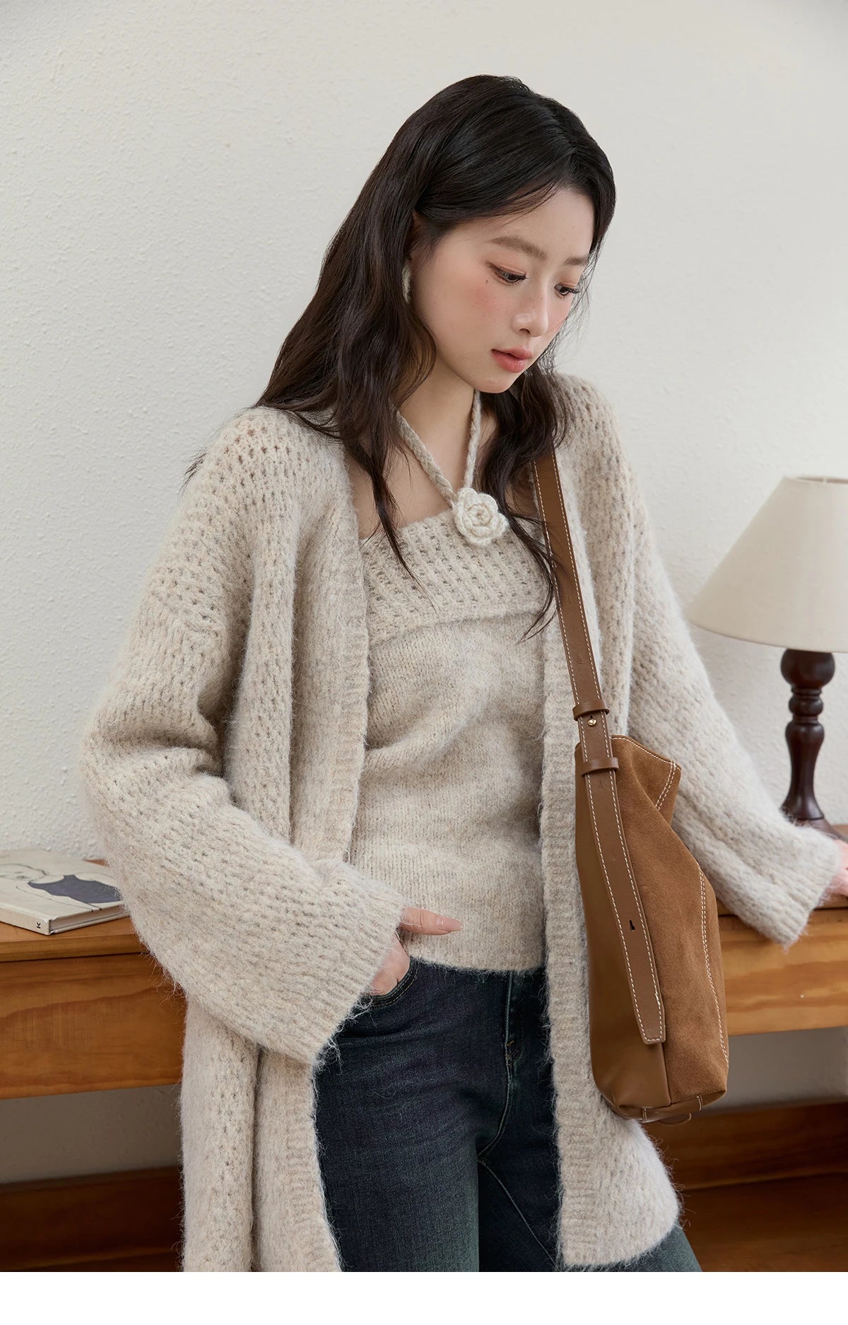 Mishow Apricot Knitted Halter & Cardigan Two-Piece Set MXE51T1424