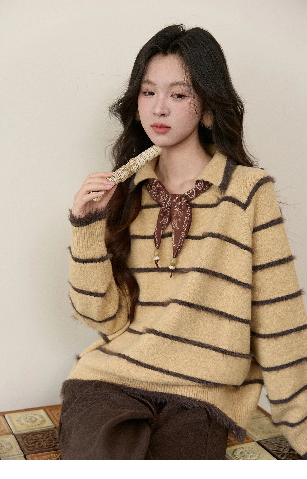 Mishow Faux Mink Fur Striped Lapel Tassel Sweater MXE93Z2945