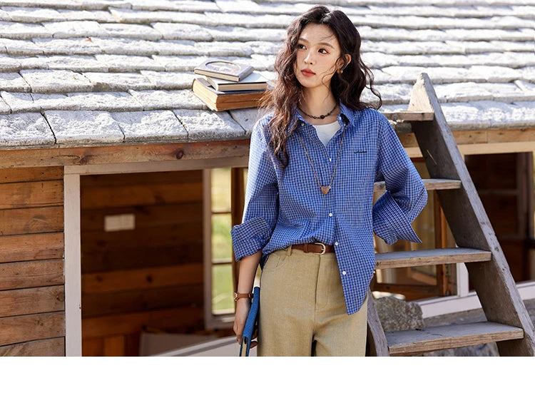 MISHOW Retro Blue Checkered Shirt Lapel Cotton Loose MXE11C0398