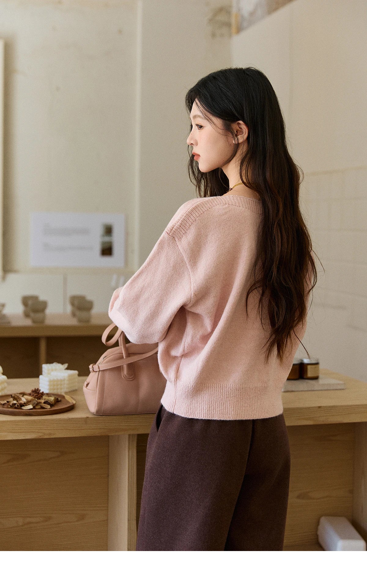 Mishow Pink Jacquard Lantern Sleeve Drop Shoulder Sweater MXE91Z2775