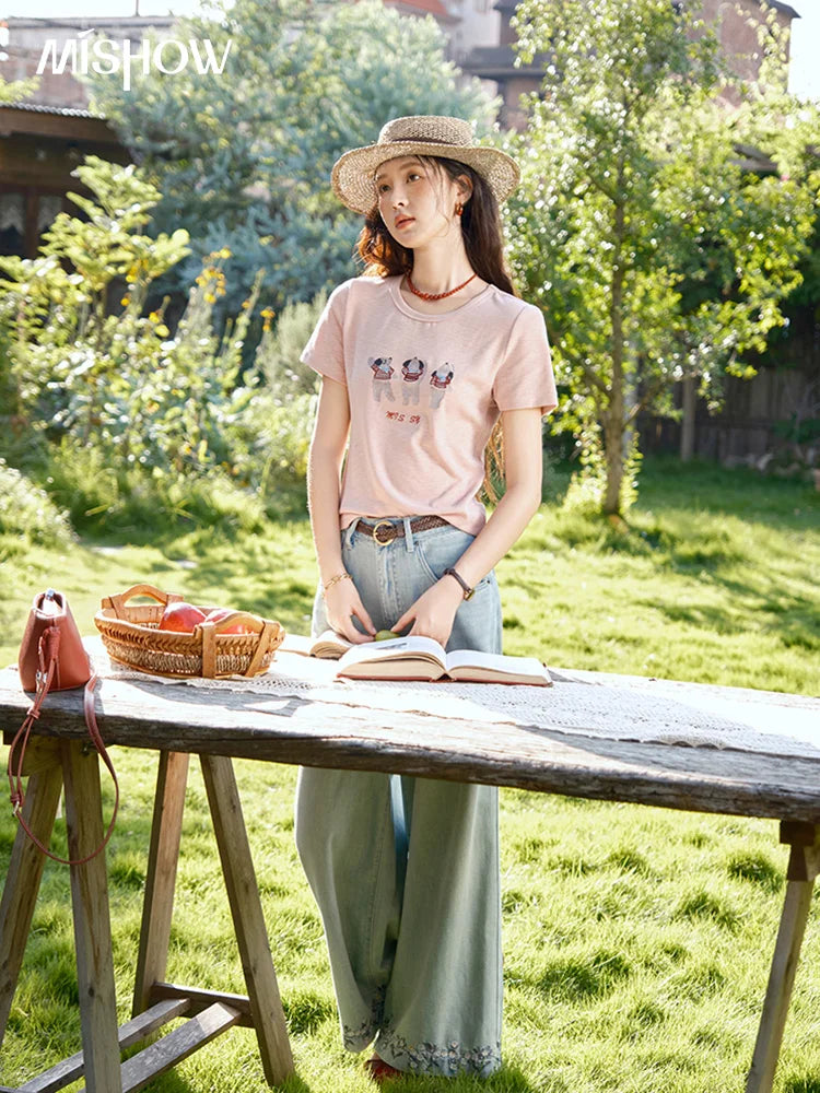 Mishow Little Bear Embroidery Round Neck Tee MXE39T0699