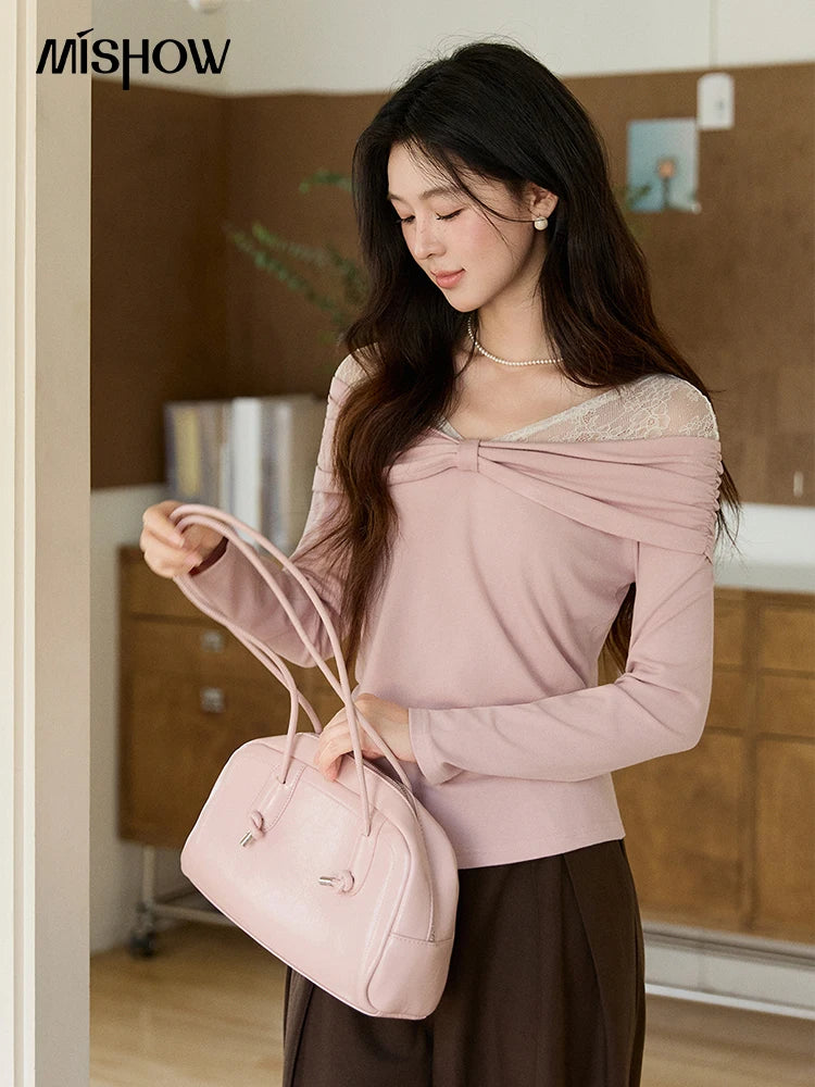 Mishow Lace Patchwork One Shoulder Tee MXF108Z1026