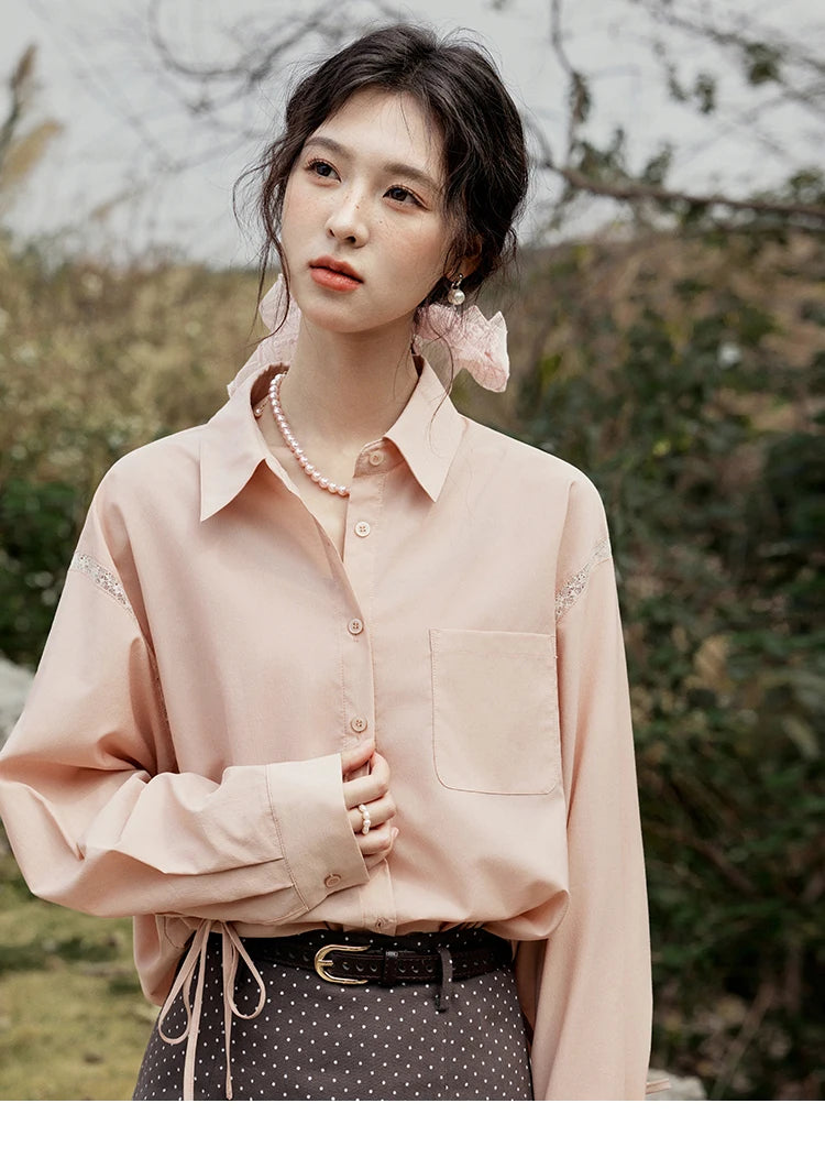 MISHOW Pink Long Sleeve Shirt Lace Bow Tie MXE16C0767