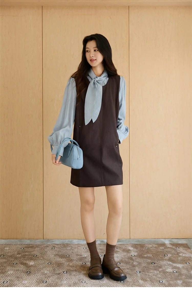 Mishow Light Blue Shirt & Brown Vest Skirt Suit MXE47T1408