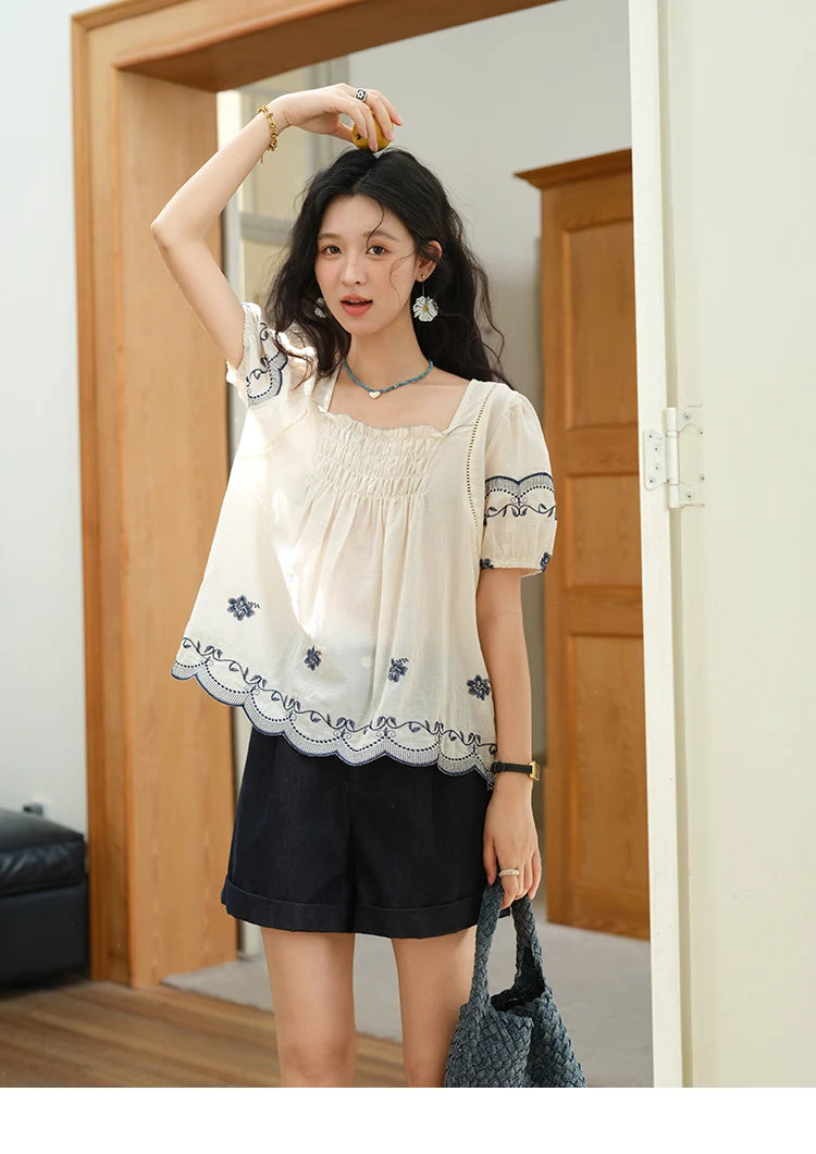 MISHOW Square Neck Puff Sleeve Blouse Flower Embroidery Hollow MXE39X1953