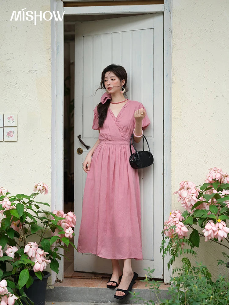 Mishow V-Neck Puff Sleeve Pocket Sash Dress MXE39L2381