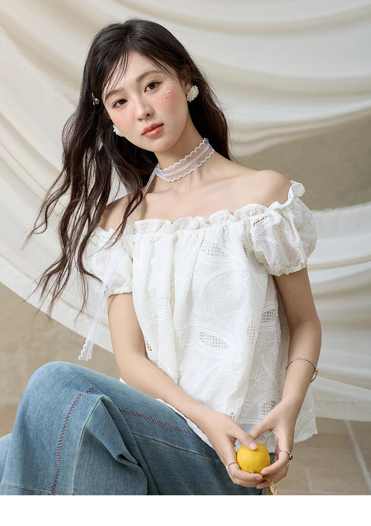 MISHOW Slash Neck Lace Blouse Short Sleeve Solid MXE35X1775