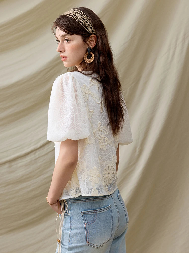 MISHOW Short Puff Sleeve Blouse Round Neck Jacquard MXE32X1772
