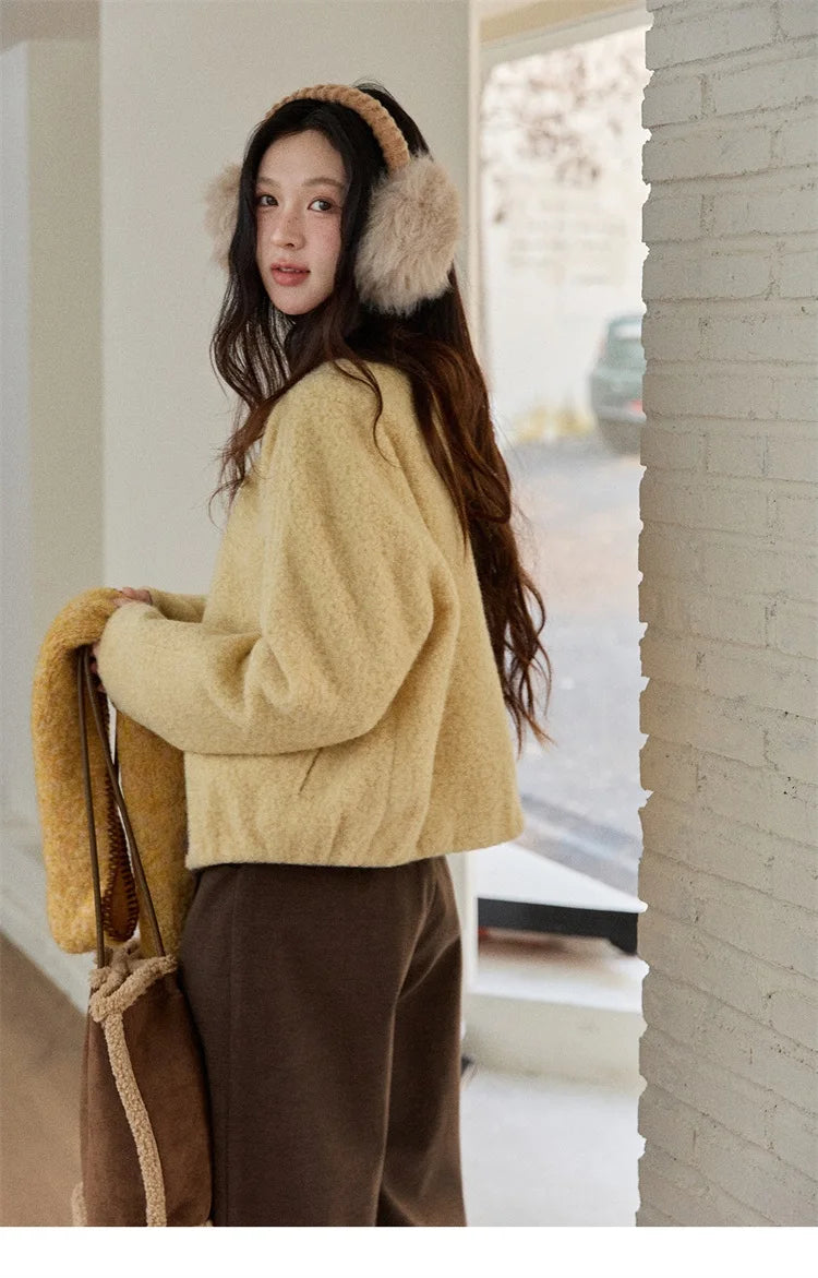 MISHOW Brown Wool Quilted Coat Round Neck Short Loose MXE87W0935