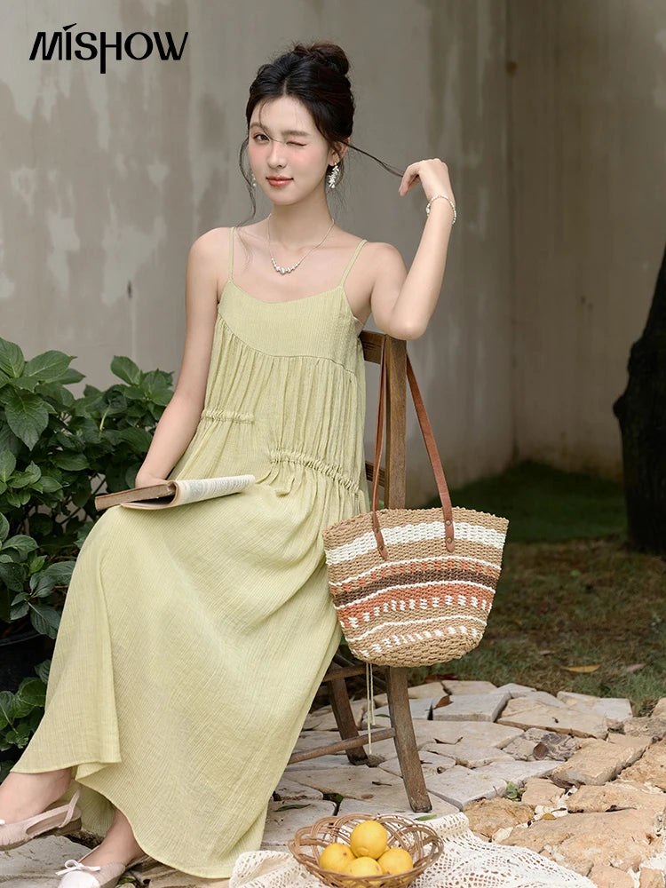 Mishow Irregular Pleated Olive Green Drawstring Dress MXD31L1928