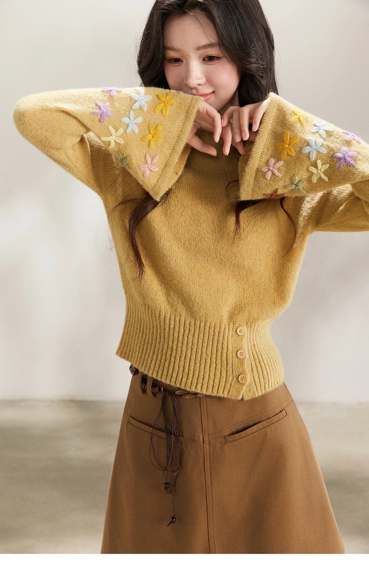 Mishow Yellow Floral Embroidered Boat Neck Flare Sleeve Top MXE94Z2864