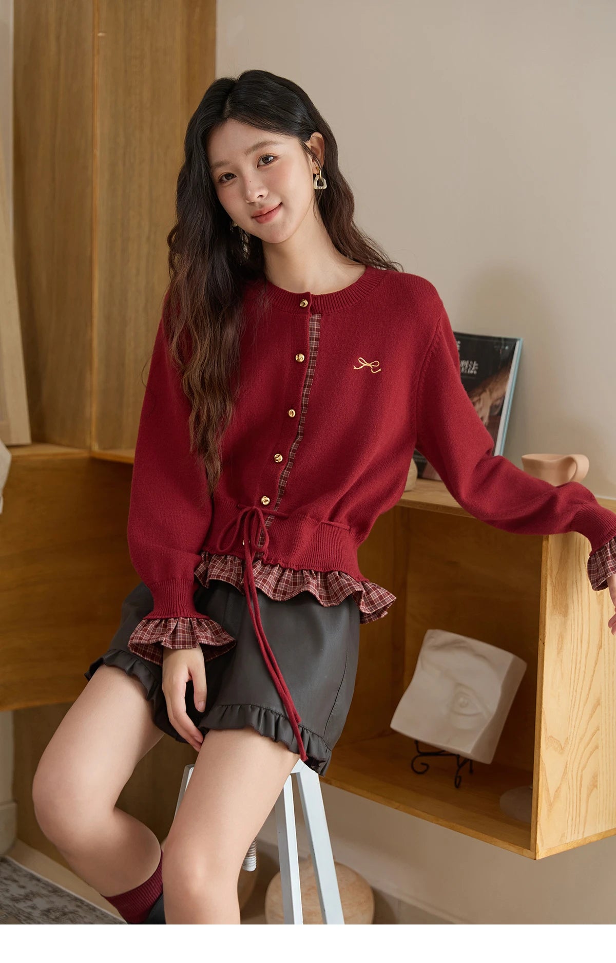 Mishow Red Fake Two-Piece Plaid Patchwork Cardigan MXE45Z2483