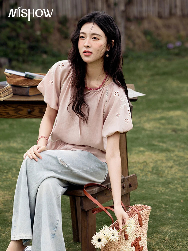 MISHOW Puff Sleeve Blouse Round Neck Hollow Embroidery MXE31X1747