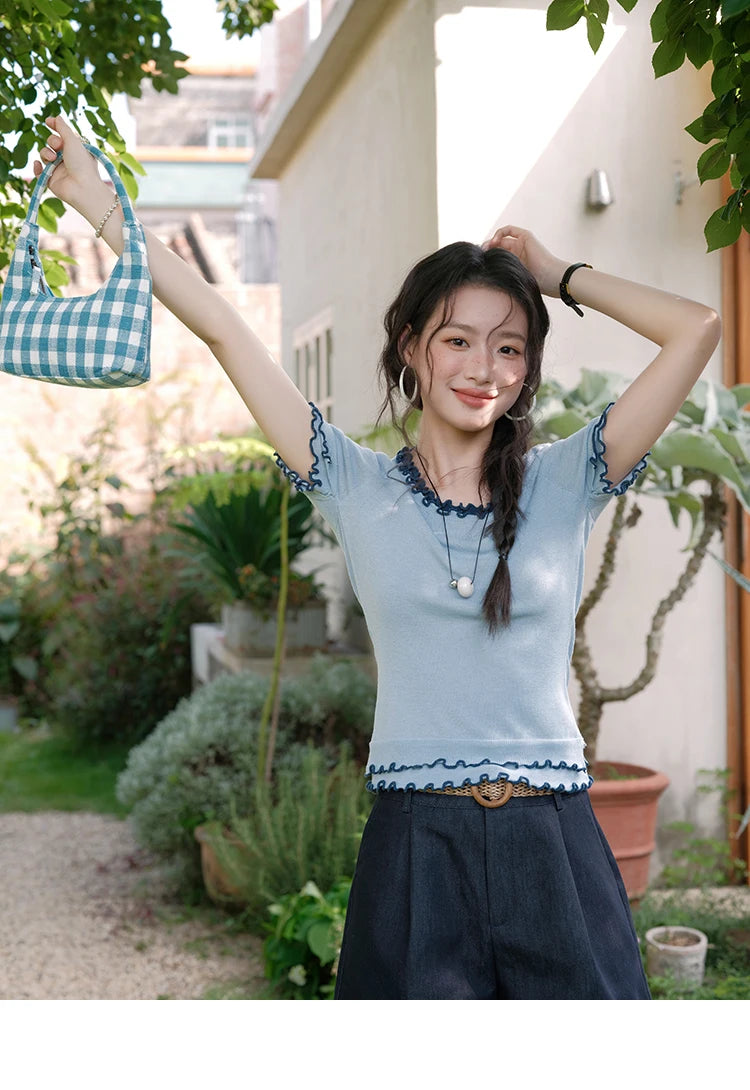 Mishow Round Neck Ear Edge Short Sleeve Tee MXE32Z1233