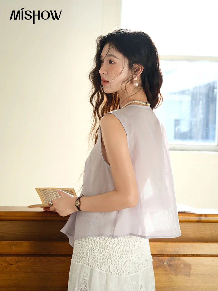 MISHOW Sleeveless V-Neck Blouse Button Detail MXE39X1960