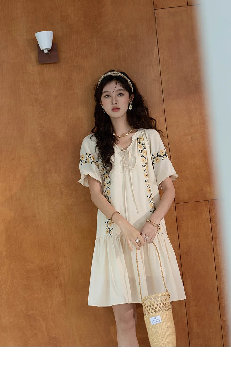 Mishow Korean Sunflower Embroidery Lace-Up Doll Dress MXD30L1959