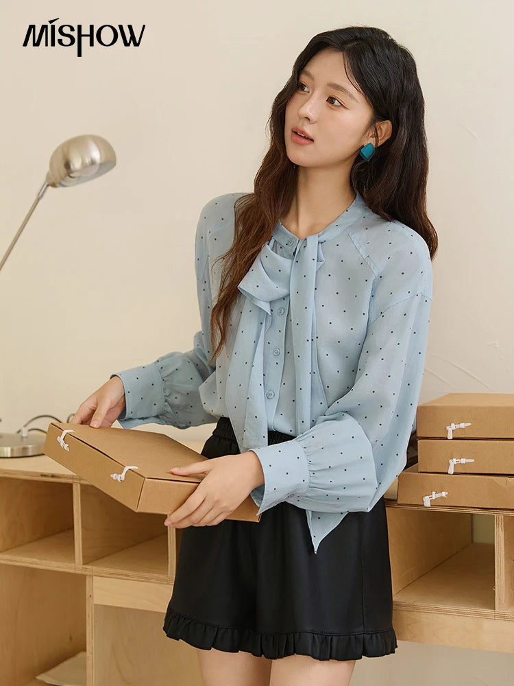 MISHOW Blue Polka Dot Shirt Bow Collar Long Sleeve MXE45X2475
