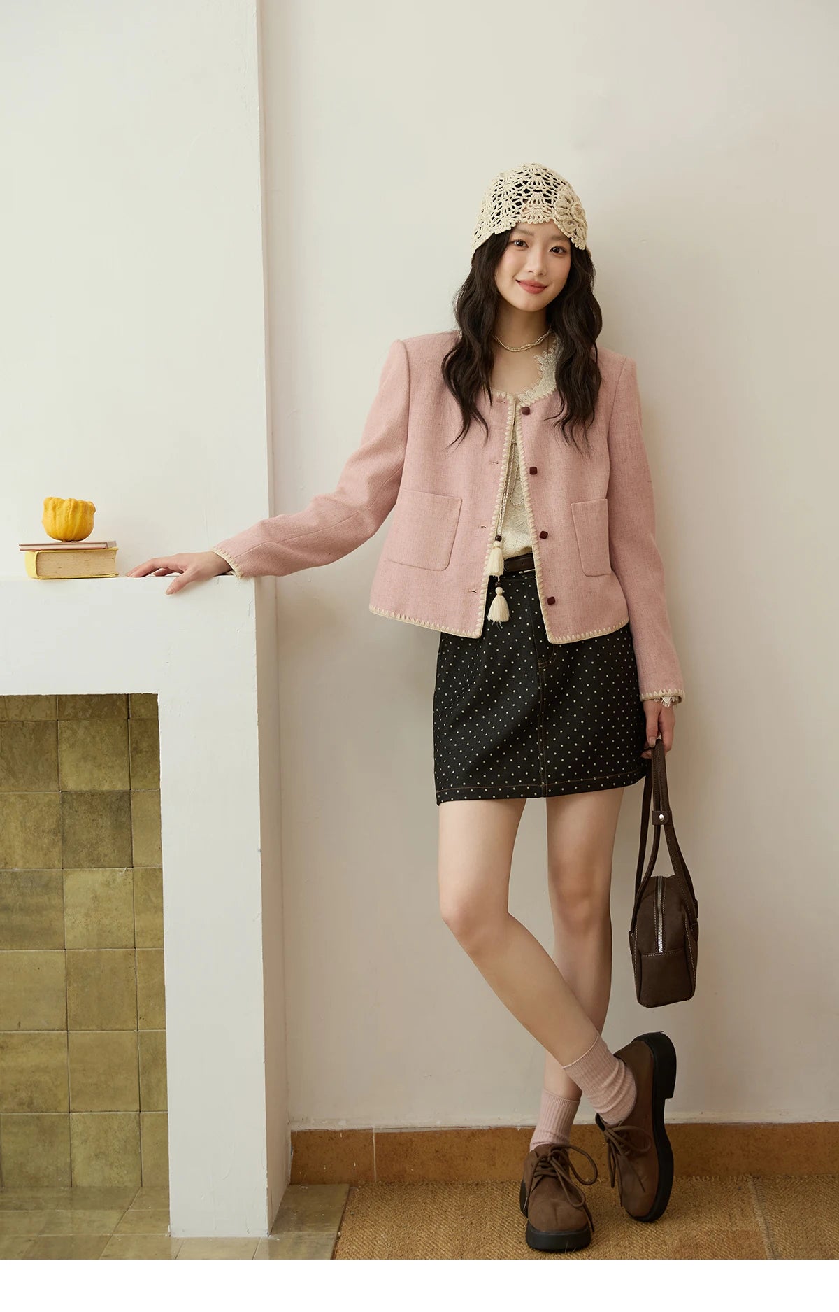 MISHOW Solid Tweed Jacket Round Neck Long Sleeved Short MXE44W0812