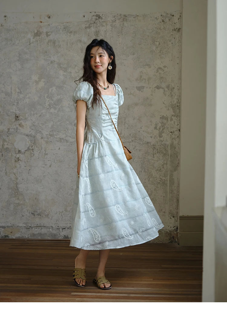 Mishow Paisley Embroidery Square Neck Puff Sleeve Dress MXE34L2265