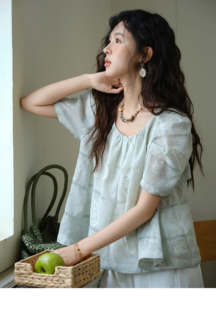 MISHOW O-Neck Print Blouse Embroidery Puff Sleeve Loose MXE34X1807