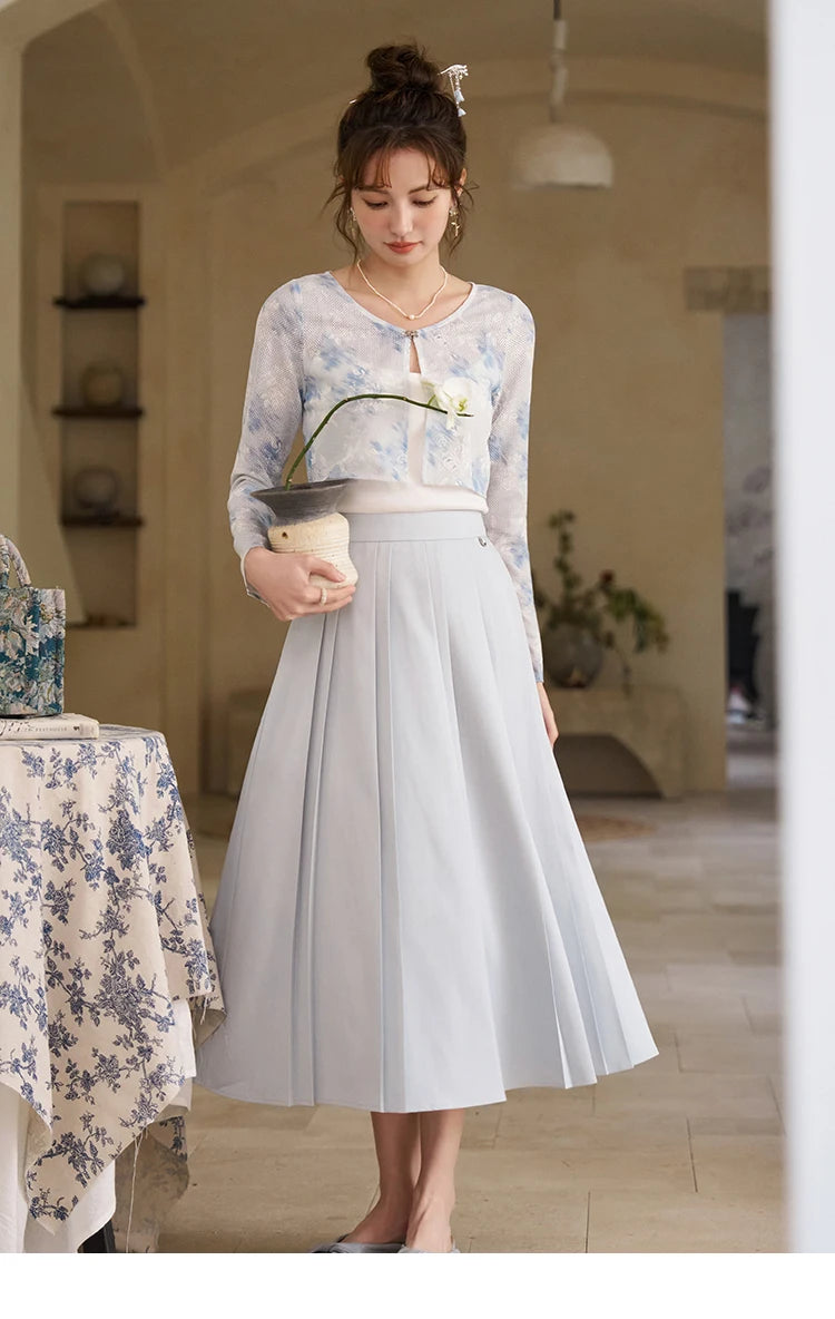 Mishow Elegant Hollow Cardigan & Camisole & Pleated Skirt Set MXD12W0342