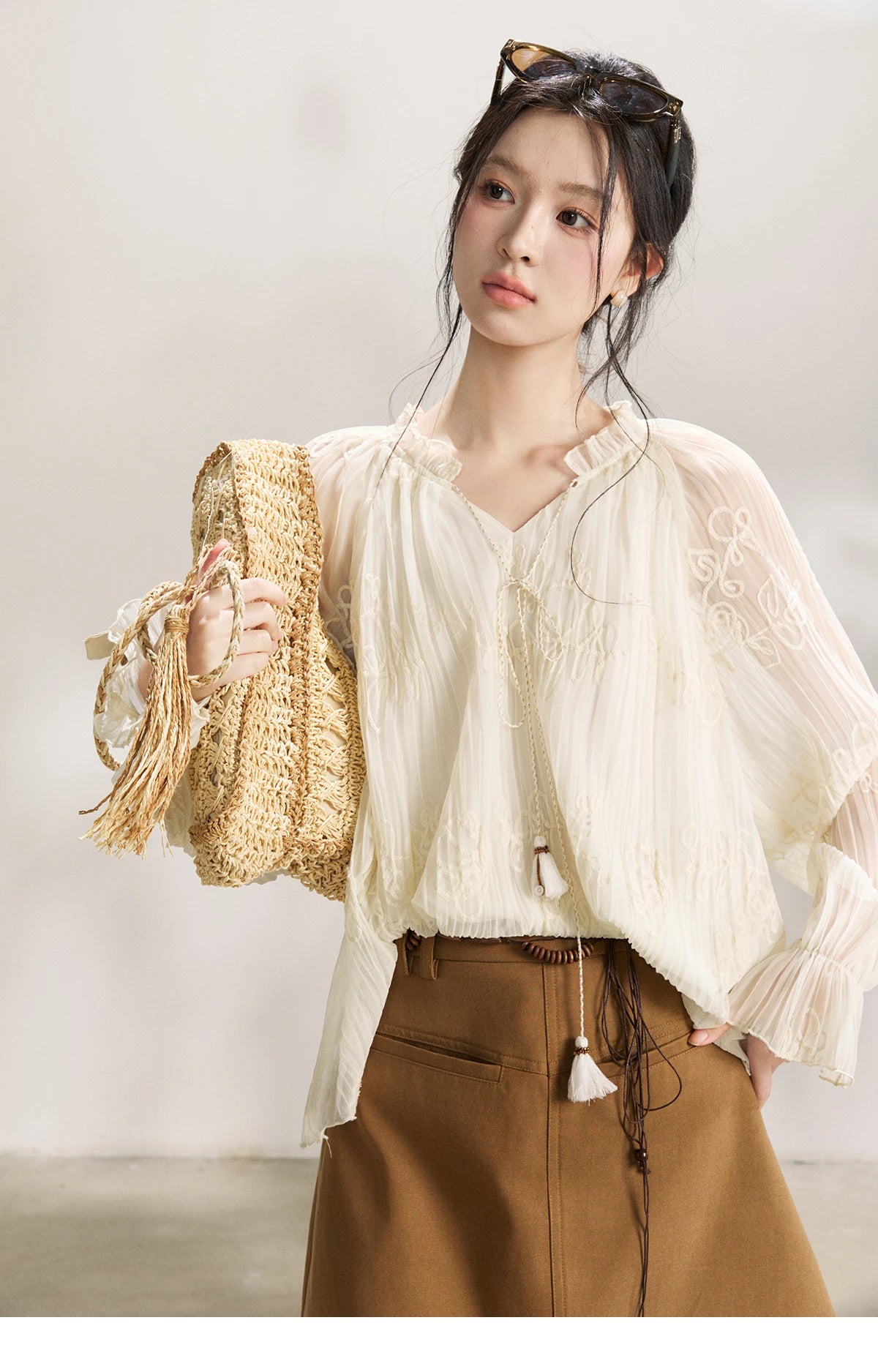 MISHOW Tassel Tie Flower Embroidered Blouse V-Neck Lantern Sleeve MXF13X2525