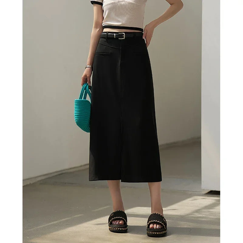 MISHOW Suit Straight Midi Skirt High Waist Slim Front Fork Rear Elastic MXC15B0026