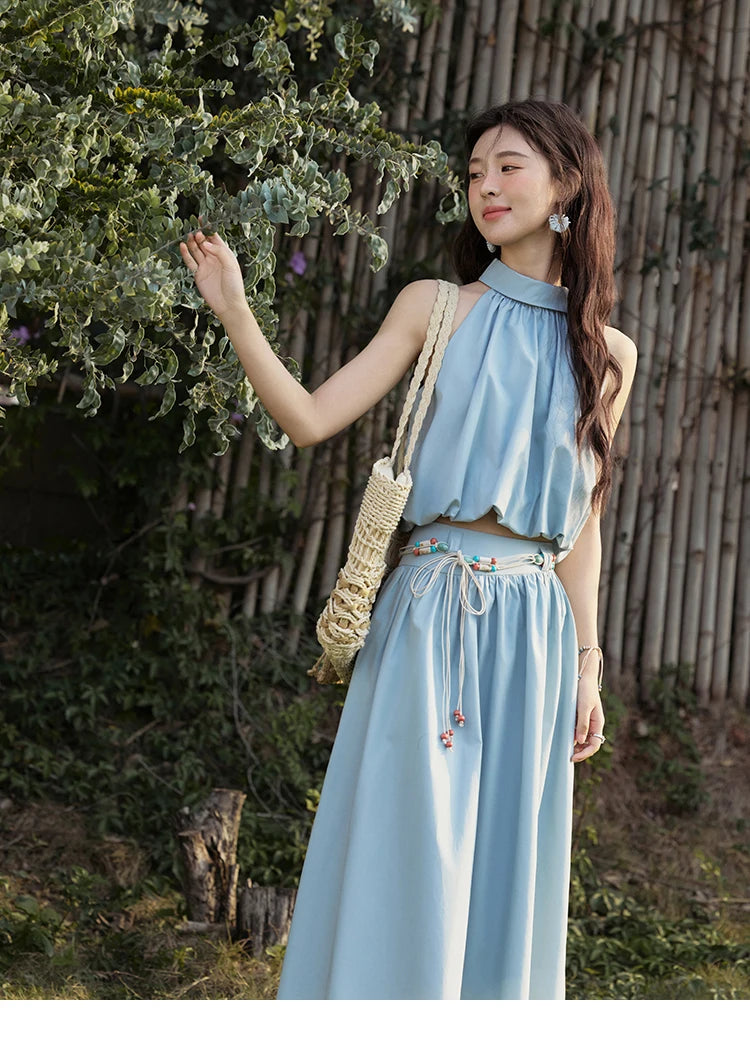 Mishow Solid Halter Neck Top & Midi Skirt Set with Belt MXE33T0546
