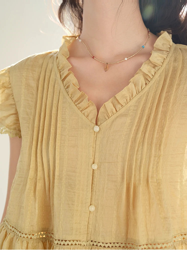 MISHOW Wood Ear V-Neck Shirt Flying Sleeve Wrinkle Spliced MXE37X1908