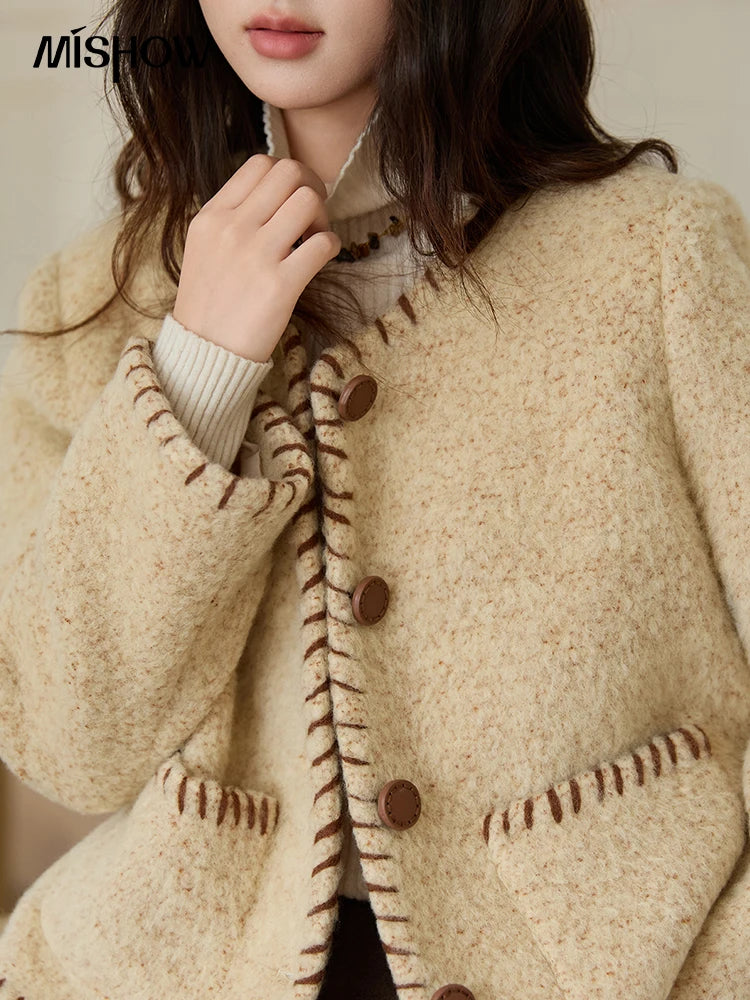 Mishow Apricot Round Neck Wool Blend Coat MXE88W0885