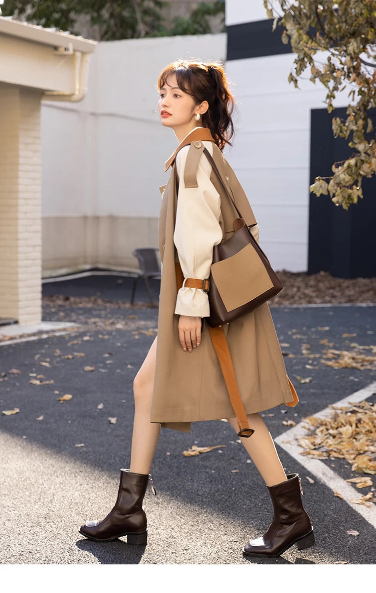 Mishow Khaki Contrast Color Spliced Trench Coat MXB31W0367