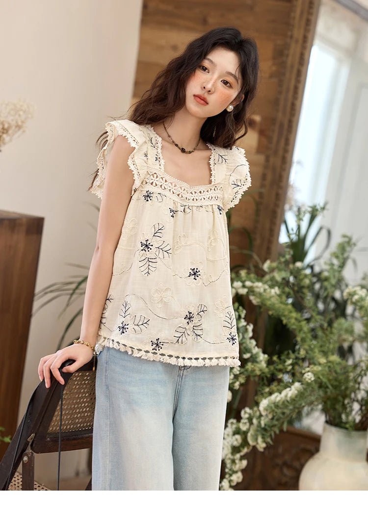 MISHOW Square Collar Embroidered Doll Blouse Flying Sleeve Lace Tassel MXE35X1839