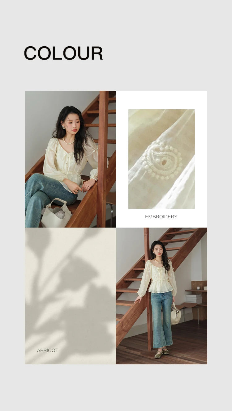 MISHOW Cashew Flower Embroidered Blouse V-Neck Lace Up Puff Sleeve MXE41X1945