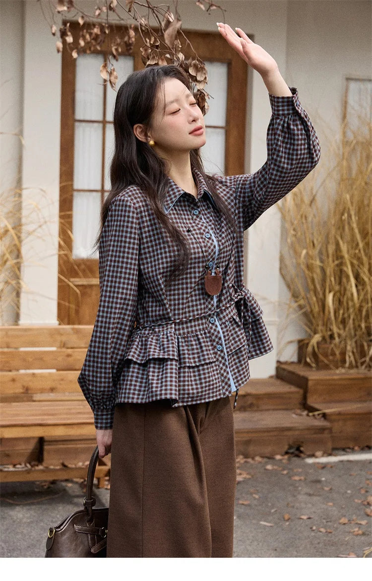 MISHOW Blue Plaid Shirt Lantern Sleeves Ruffled Hem MXE89C2420