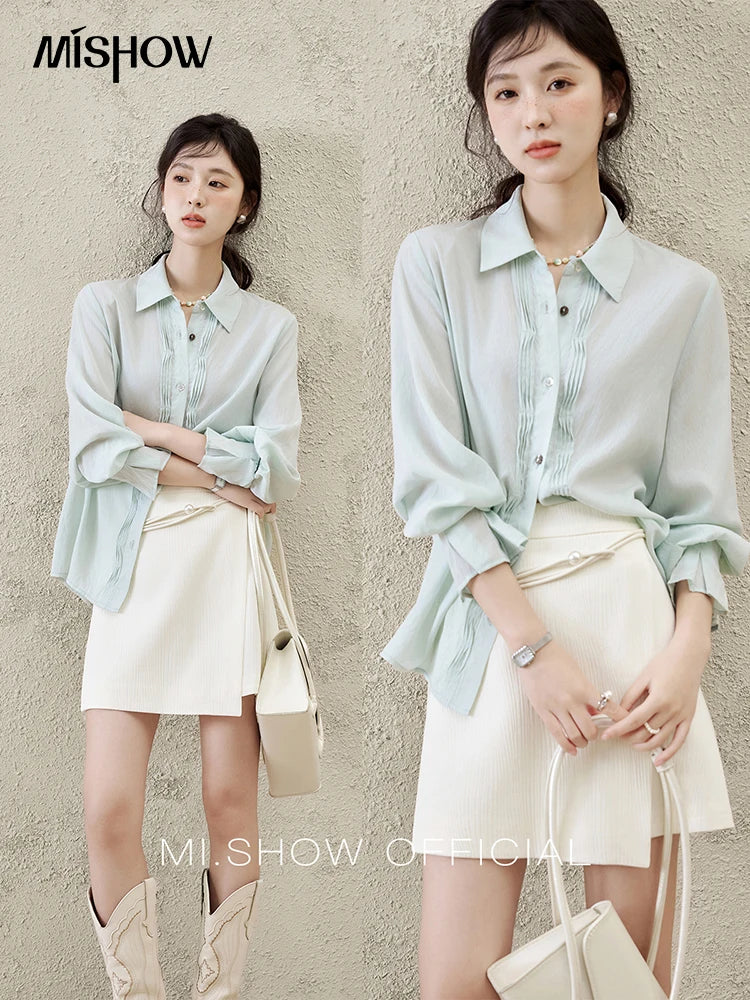 MISHOW Wave Striped Single Breasted Shirt Shell Buttons MXE16C0422