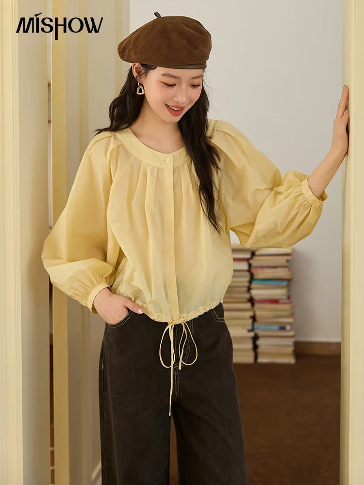 MISHOW Light Yellow Pleated Shirt Drawstring Hem Lantern Sleeve MXE45X2490