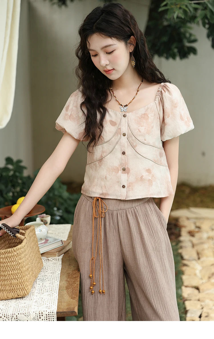 MISHOW Contrast Halo Print Blouse Square Collar Puff Sleeve MXD30X1562
