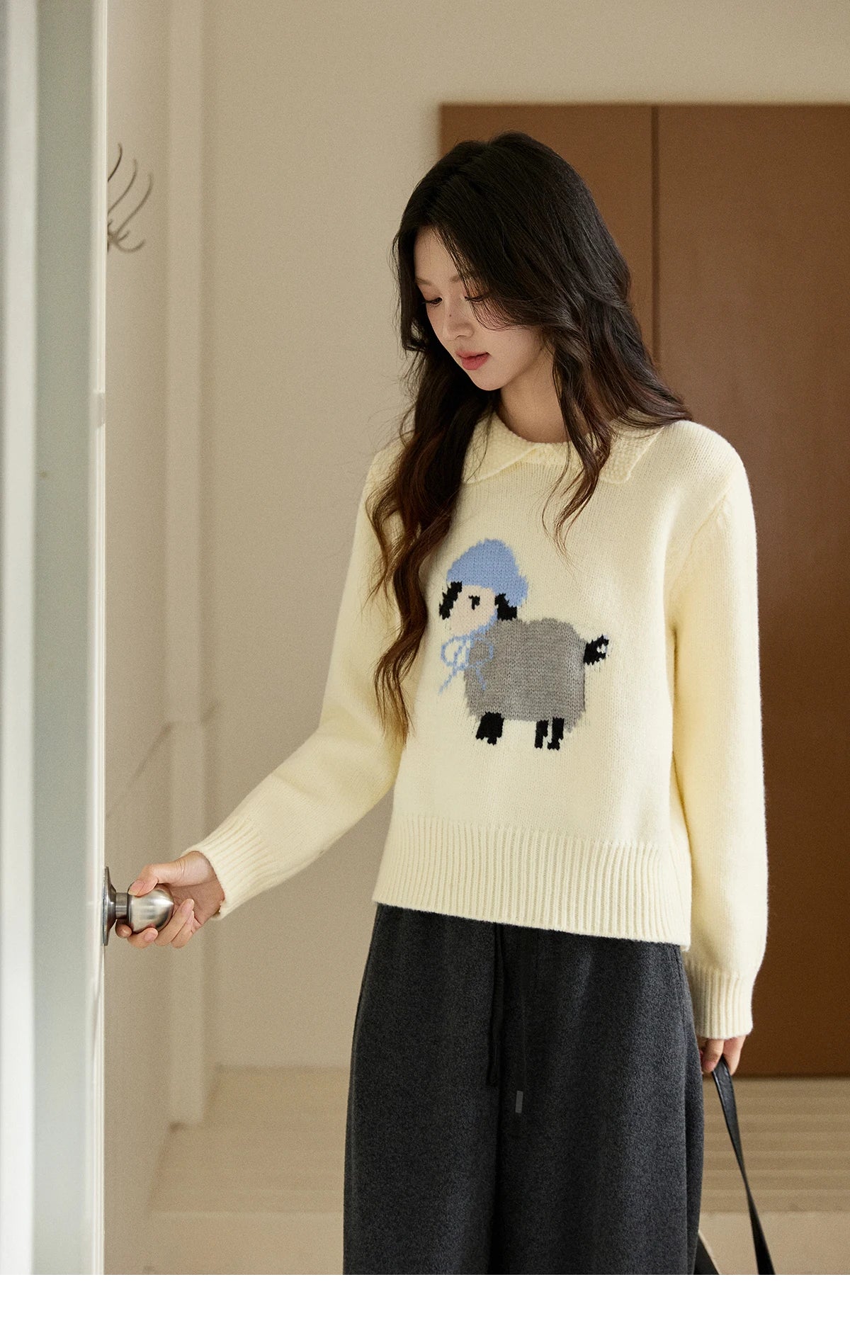 Mishow Beige Sheep Pattern Round Collar Sweater MXE94Z2962