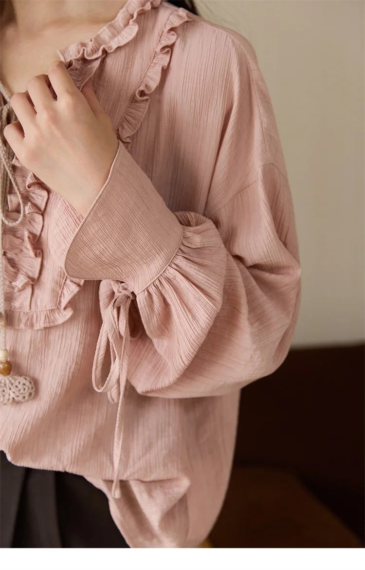 MISHOW Pink Blouse V-Neck Bubble Sleeve Fold Edge MXE45X2485