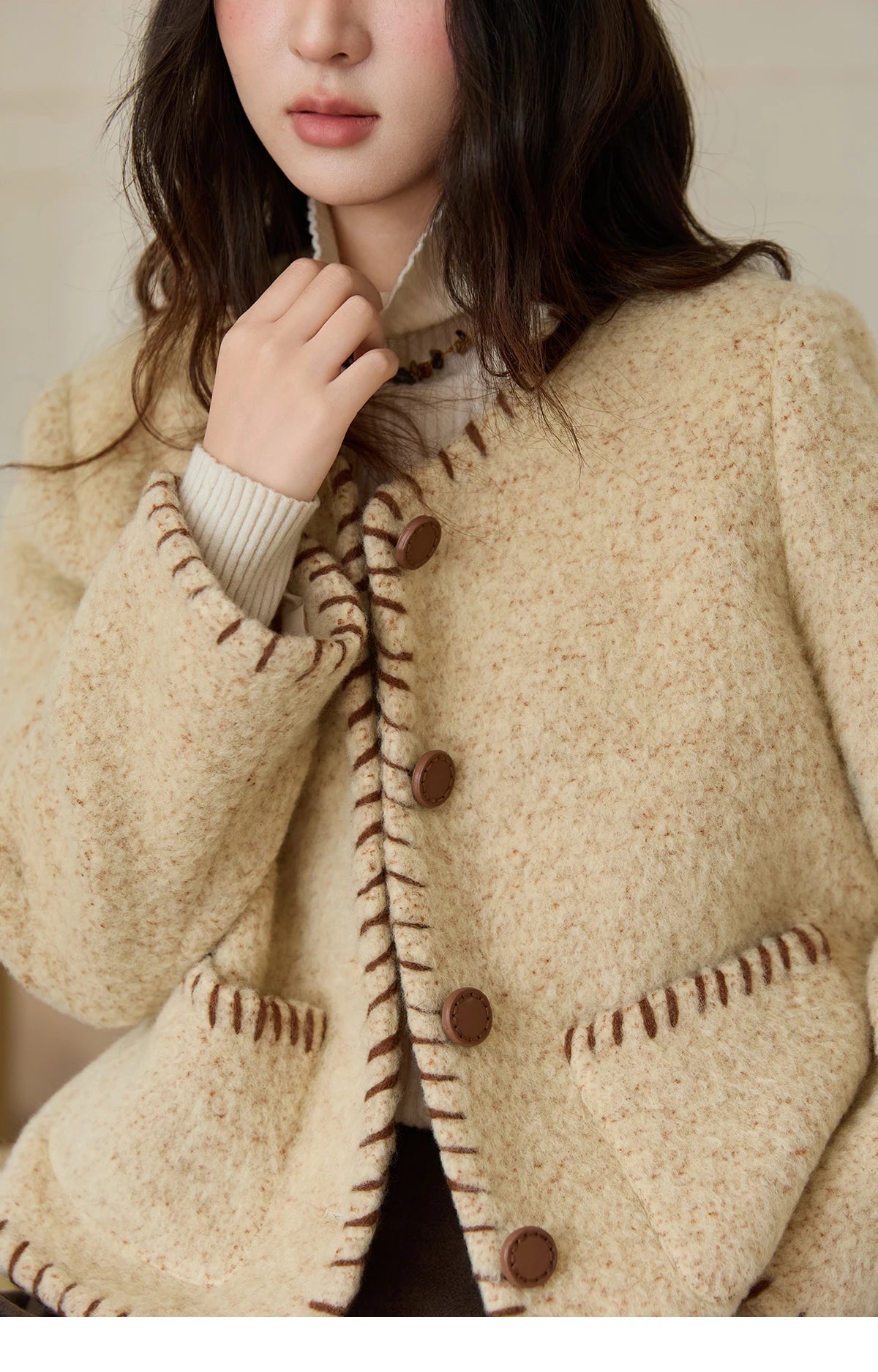 Mishow Apricot Round Neck Wool Blend Coat MXE88W0885