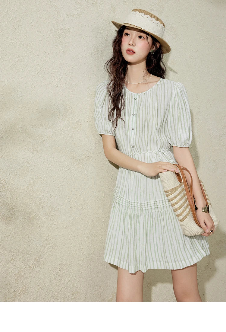 MISHOW French Green Striped Puff Sleeve Dress MXE15L2141