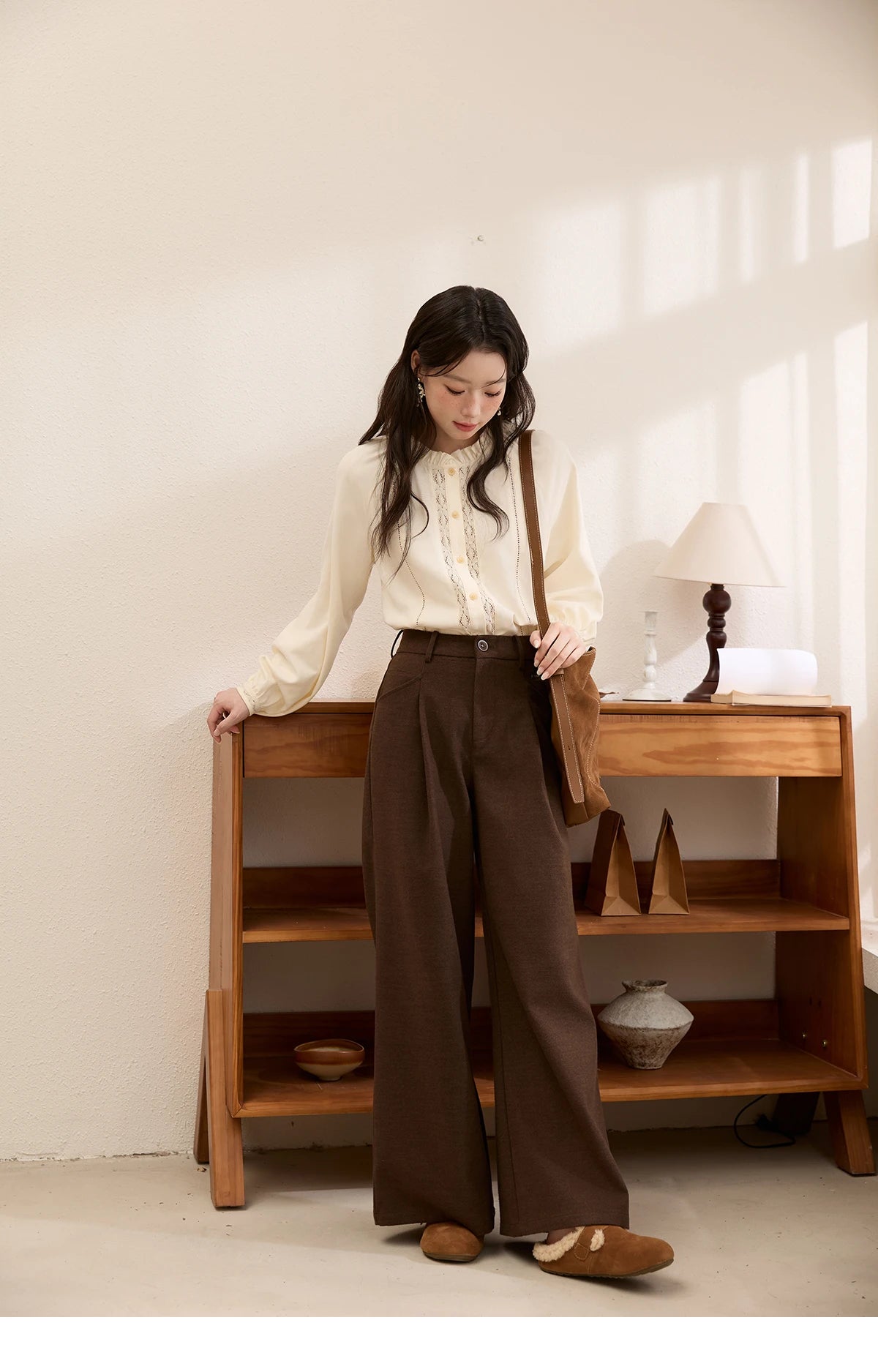 MISHOW Brown Wide-Leg Pants High Waist Drape Trousers MXE51K1094