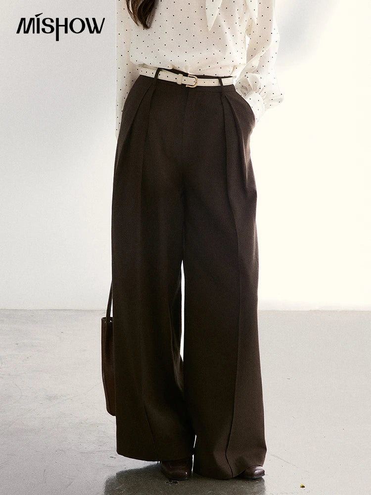 MISHOW Dark Brown Wide Leg Pants High Waist Pleated Elastic MXF108K1010