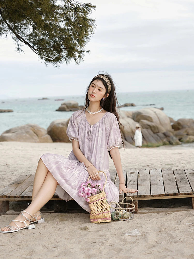 Mishow Print U-Neck Lace Hollow Chiffon Dress MXE32L2164