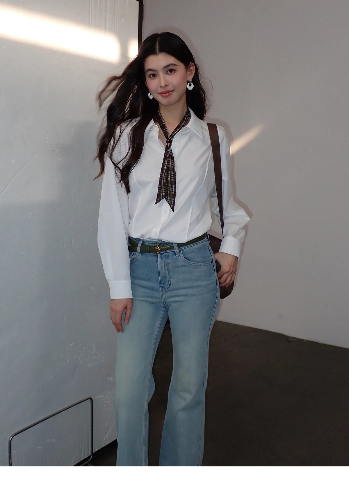 MISHOW Casual Loose Shirt with Plaid Scarf Lapel Top MXF108C0815